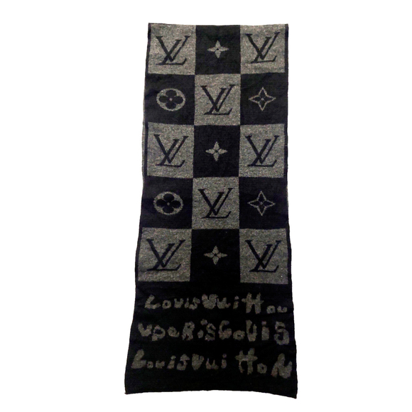 Louis Vuitton LV Gray & Black Monogram Damier Logomania Scarf Pre-Owned - Picture 6 of 14
